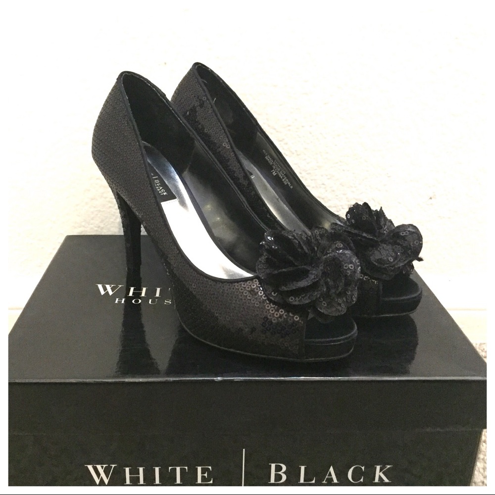 WHBM Black Sequin Peep Toe Pumps High Heels